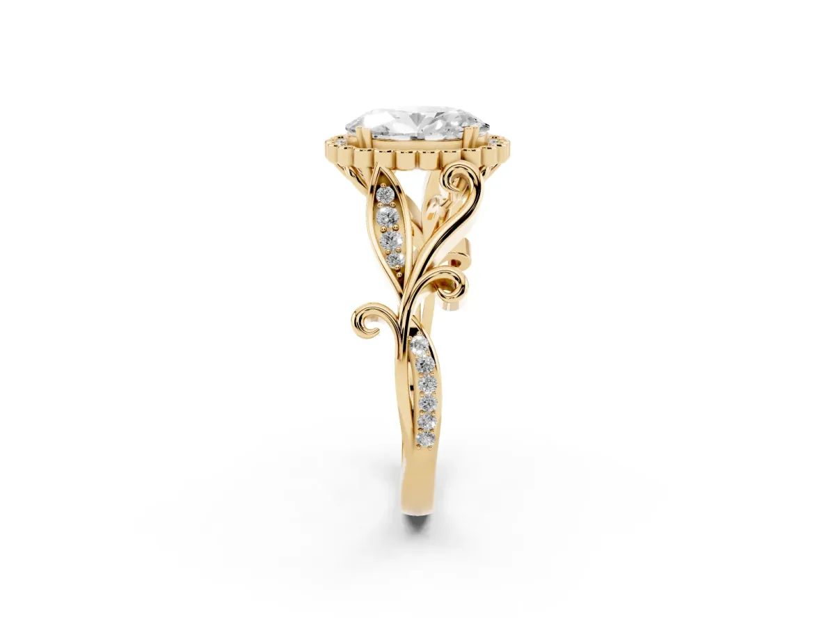 Oval Cut Diamond Halo Ring with Vintage Split Shank and Four-Prong Setting Yellow gold