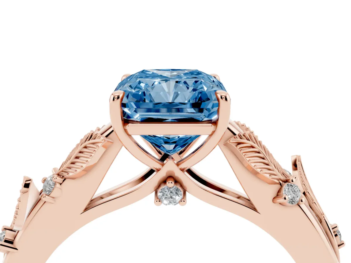 Fancy Blue Radiant Cut Diamond Solitaire Ring with Leaf Motif Band and Four-Prong Setting Rose gold