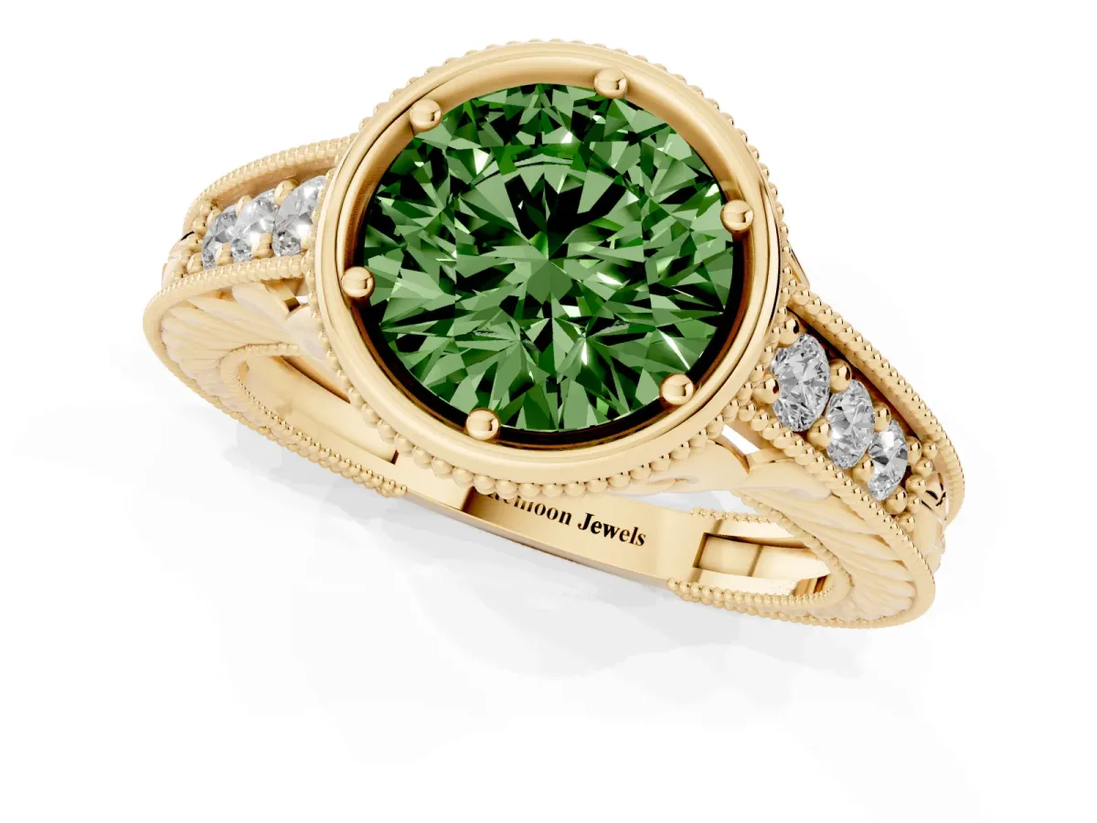 Fancy Green Bezel Set Round Cut Diamond Milgrain Pave Engagement Ring Yellow gold