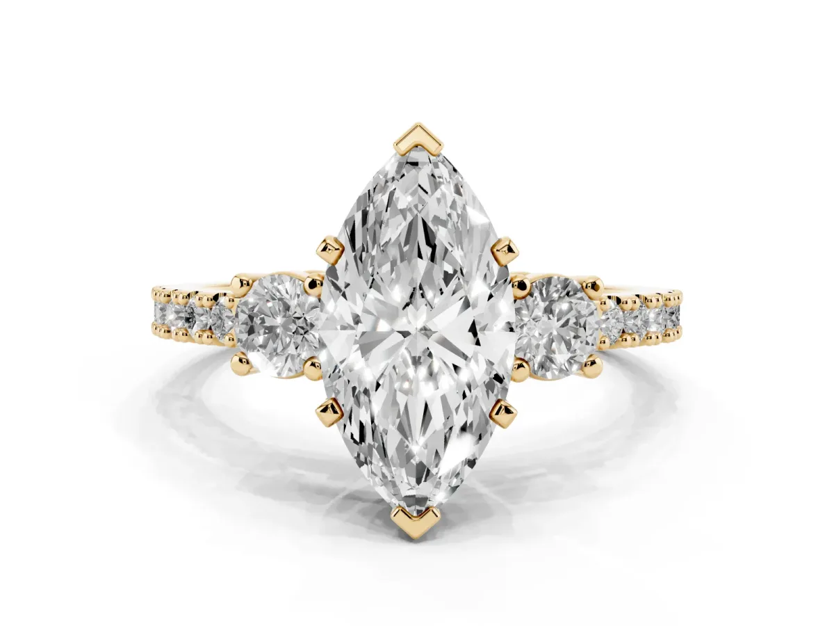 Marquise Cut Three-Stone Diamond Pavé Band with Prong Setting Yellow gold