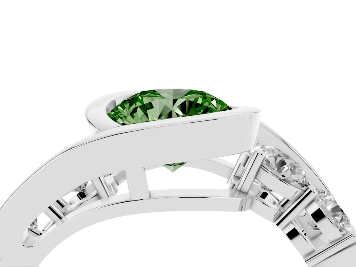 Fancy Green Bezel Set Round Cut Diamond Bypass Ring with Round Accents Silver