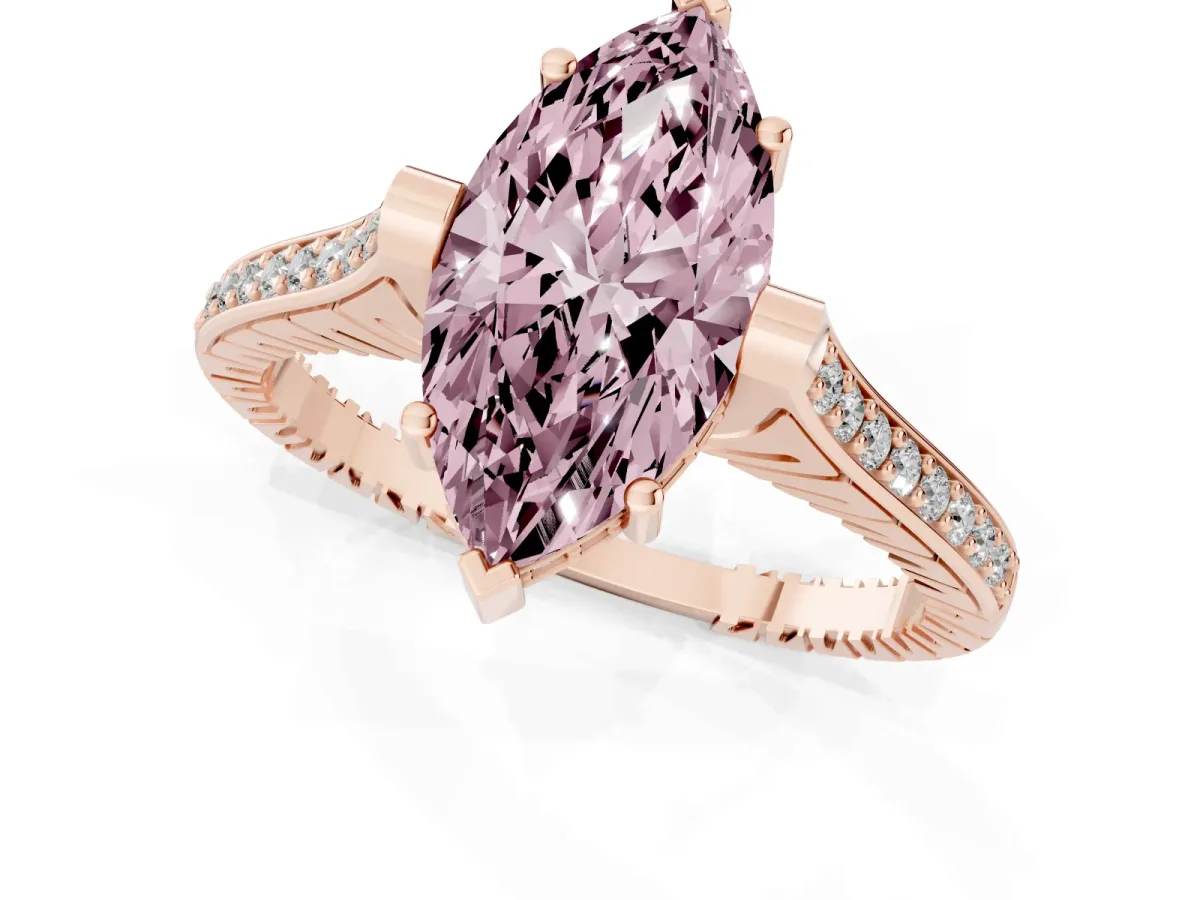 Fancy Pink Marquise Cut Solitaire Diamond Ring with Channel Set Band and Bezel Prong Setting Rose gold