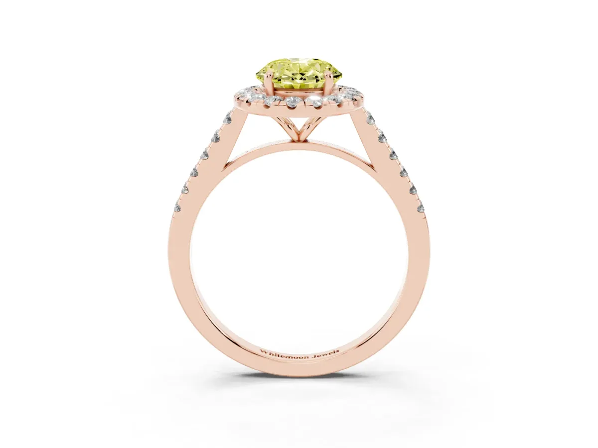 Fancy Yellow Oval Cut Halo Pave Diamond Engagement Ring with Four-Prong Setting Rose gold
