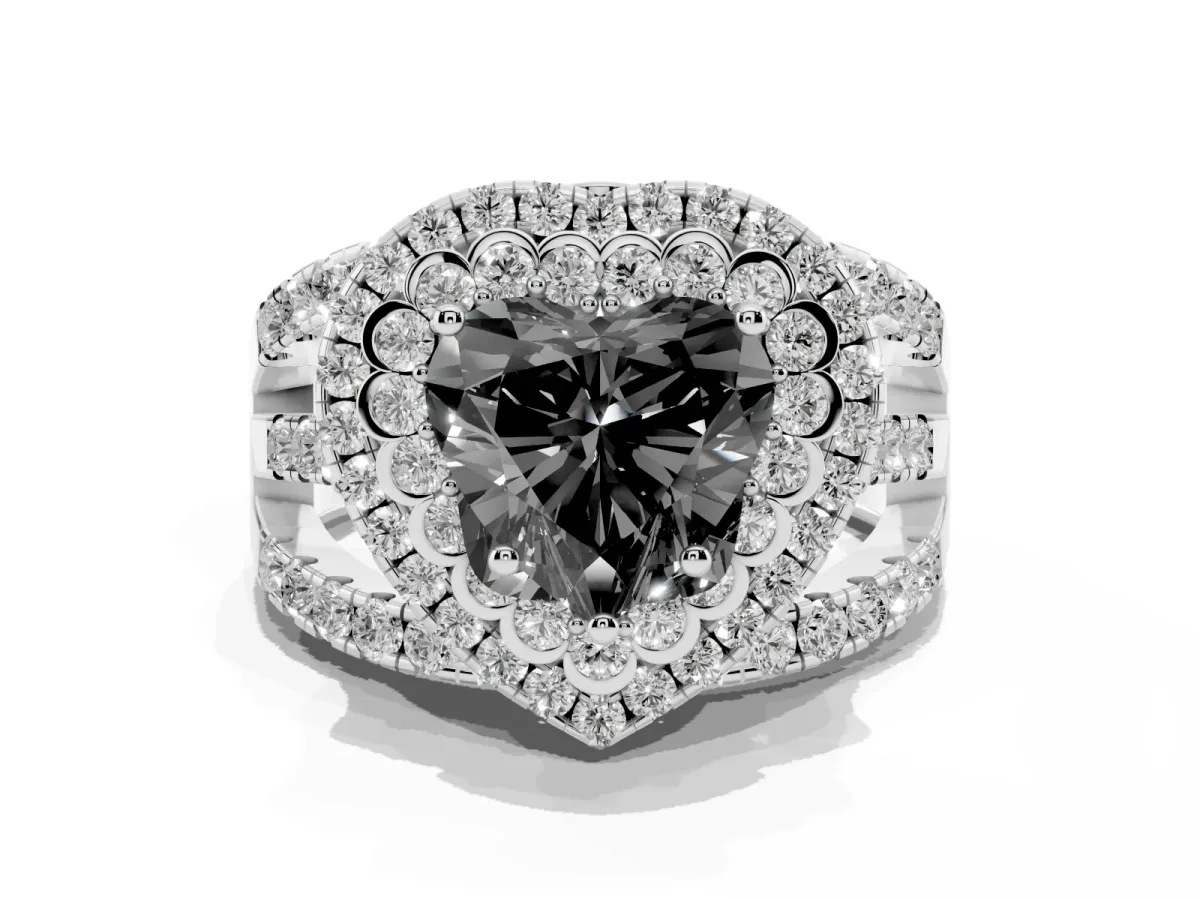 Fancy Black Heart Cut Diamond Double Halo Ring with Round Pavé Split Shank and Prong Setting Silver
