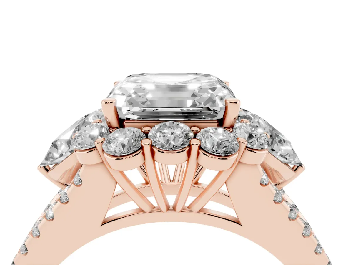 Asscher Cut Halo Split Shank Diamond Engagement Ring with Prong Setting Rose gold