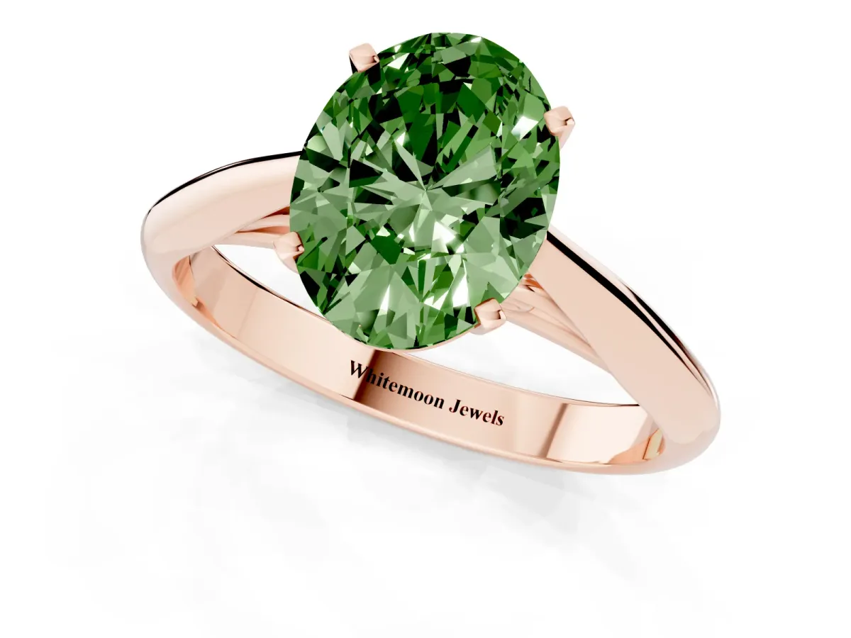 Fancy Green Oval Cut Diamond Solitaire Engagement Ring with Cathedral Setting and Four-Prong Mount Rose gold