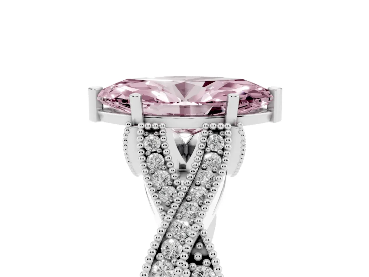 Fancy Pink Marquise Cut Cut Diamond Twisted Band with Milgrain Pave Setting and Four-Prong Setting Silver