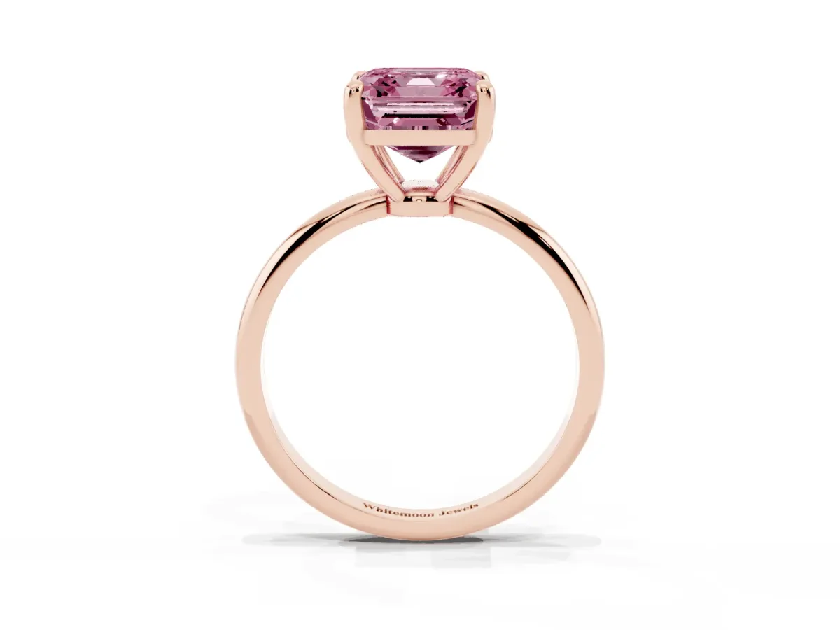 Fancy Pink Asscher Cut Solitaire Diamond Ring with 4-Prong Setting on a Classic Band Rose gold