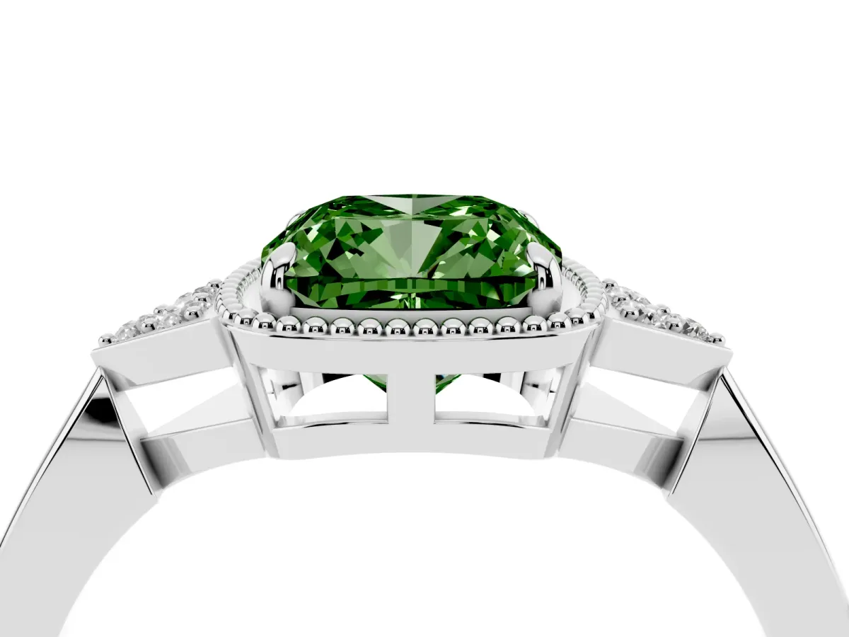 Fancy Green Cushion Cut Diamond Halo Ring with Tapered Band and Four-Prong Setting White gold