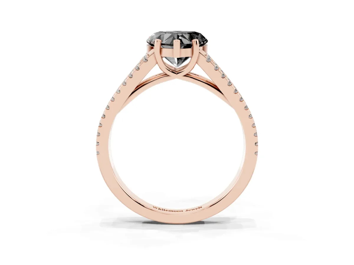 Fancy Black Heart Cut Diamond Solitaire Engagement Ring with Split Shank Pavé Band Rose gold