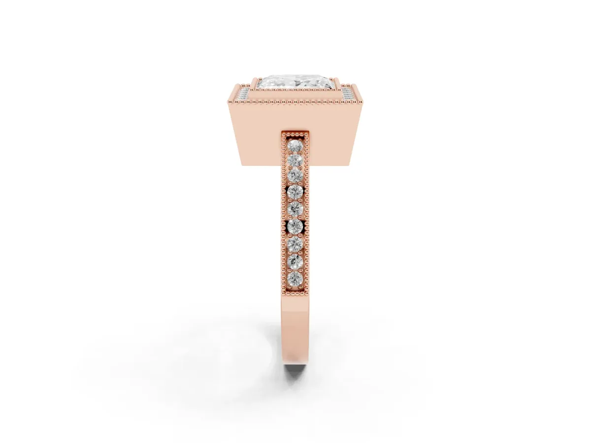 Princess Cut Cut Halo Diamond Ring with Pavé Band and Milgrain Prong Setting Rose gold