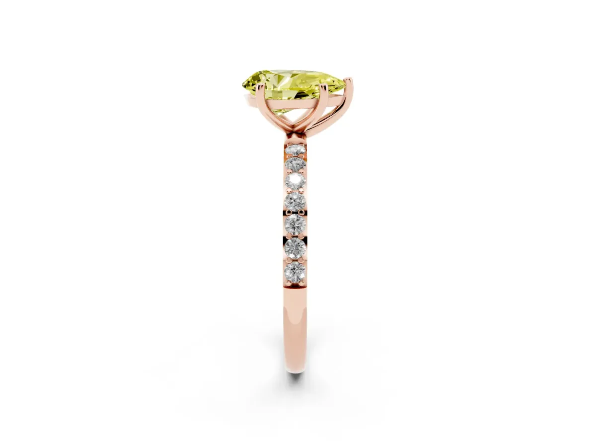 Fancy Yellow Pear Cut Diamond Solitaire Ring with Round Pavé Shoulders and Prong Setting Rose gold