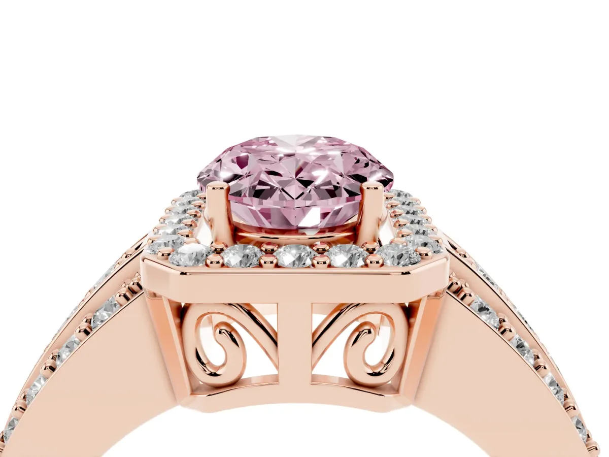 Fancy Pink Oval Cut Halo Diamond Ring with Round Split Shank and Prong Setting Rose gold