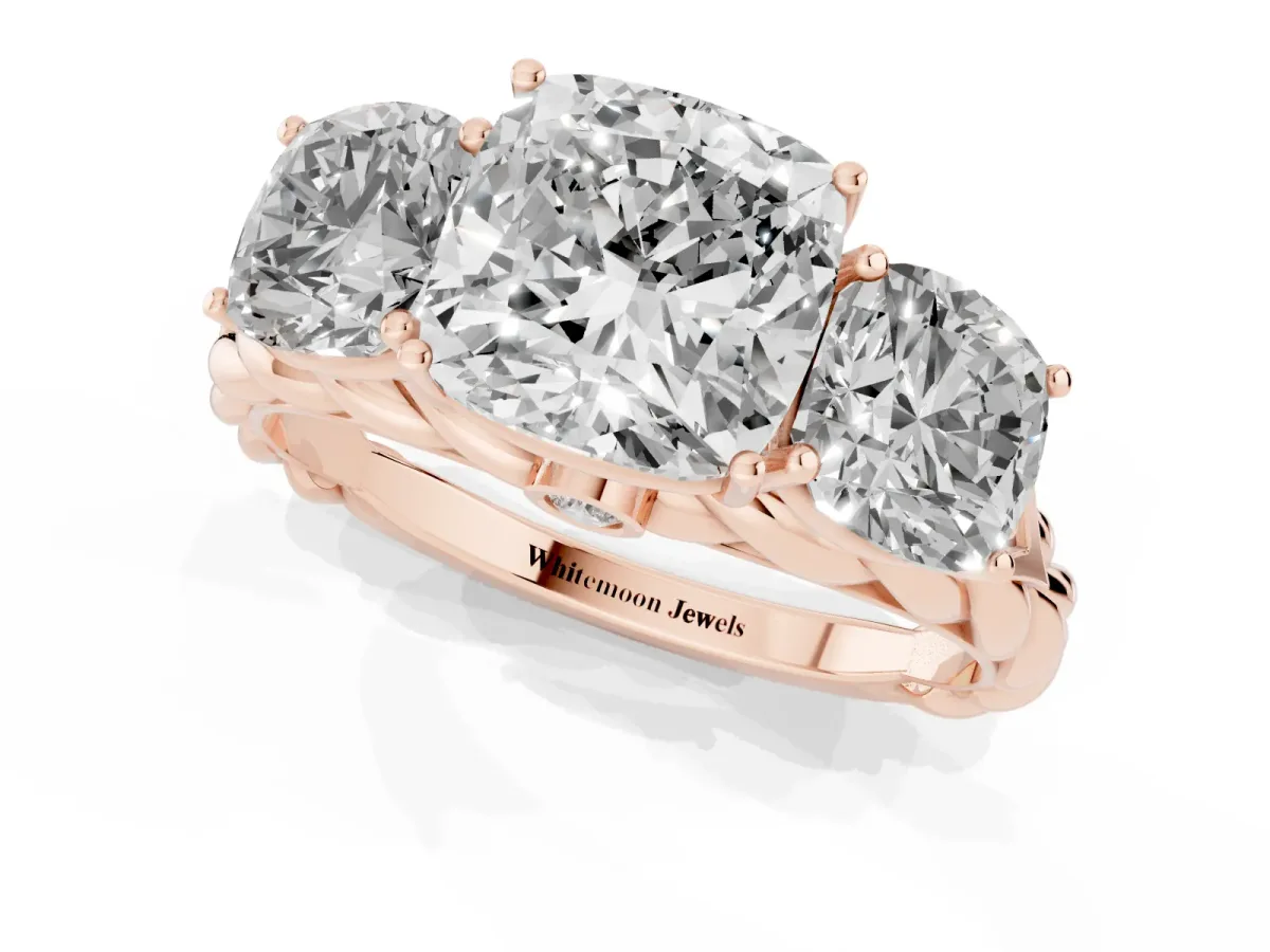 Three-Stone Cushion Cut Diamond Braided Band Ring with Four-Prong Setting Rose gold