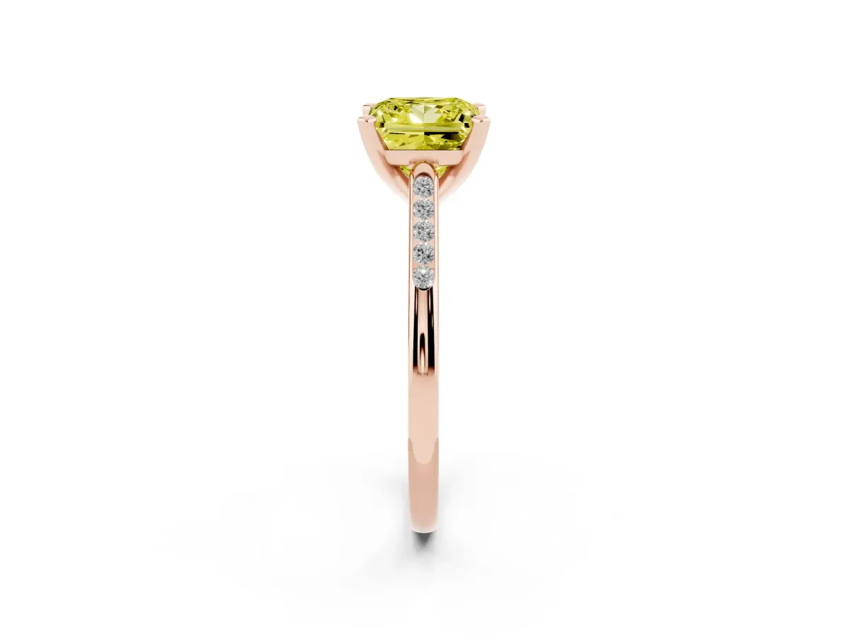 Fancy Yellow Princess Cut Diamond Solitaire Ring with Channel Set Round Band and Prong Setting Rose gold