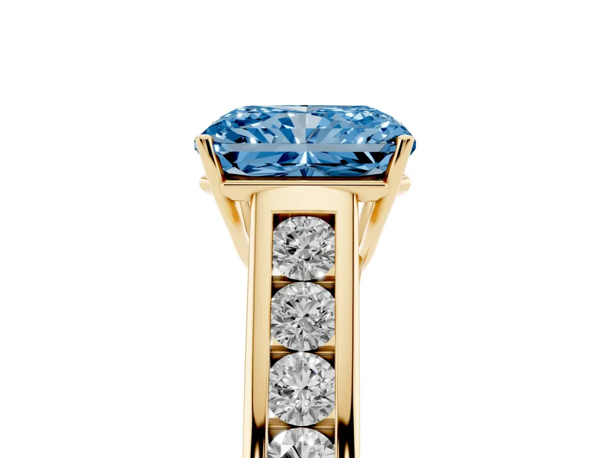 Fancy Blue Radiant Cut Solitaire Channel-Set Diamond Engagement Ring with Four-Prong Setting Yellow gold