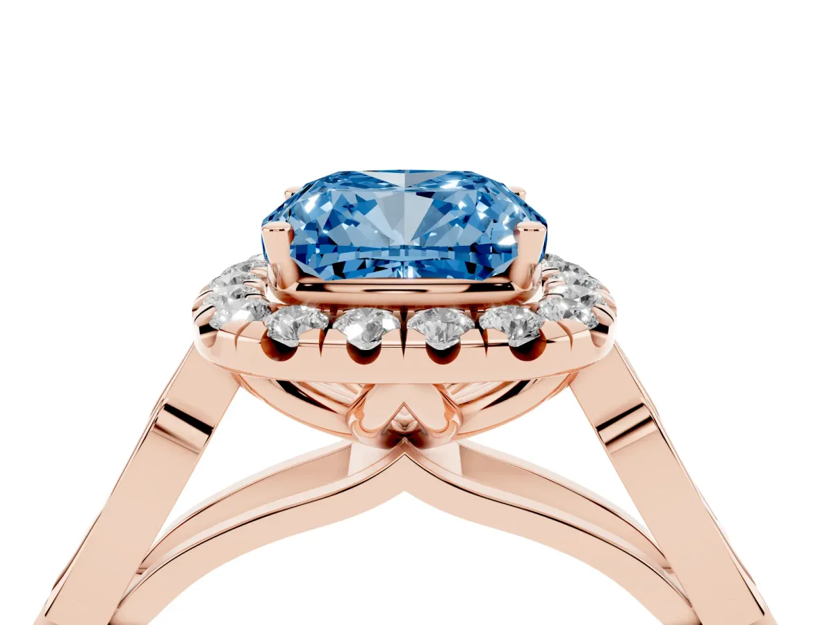Fancy Blue Cushion Cut Halo Diamond Engagement Ring with Filigree Band and Four-Prong Setting Rose gold