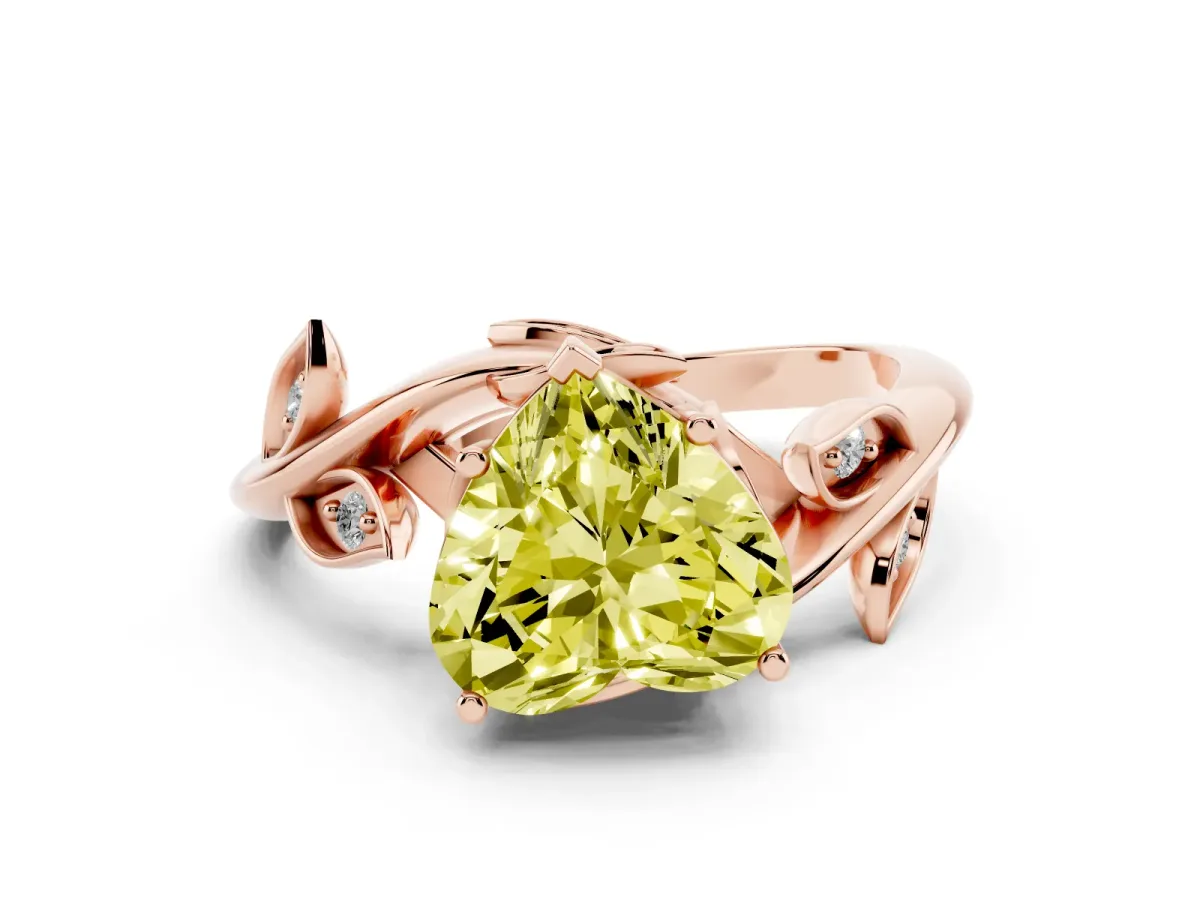Fancy Yellow Heart Cut Solitaire Twist Engagement Ring with Leaf Accents and Prong Setting Rose gold