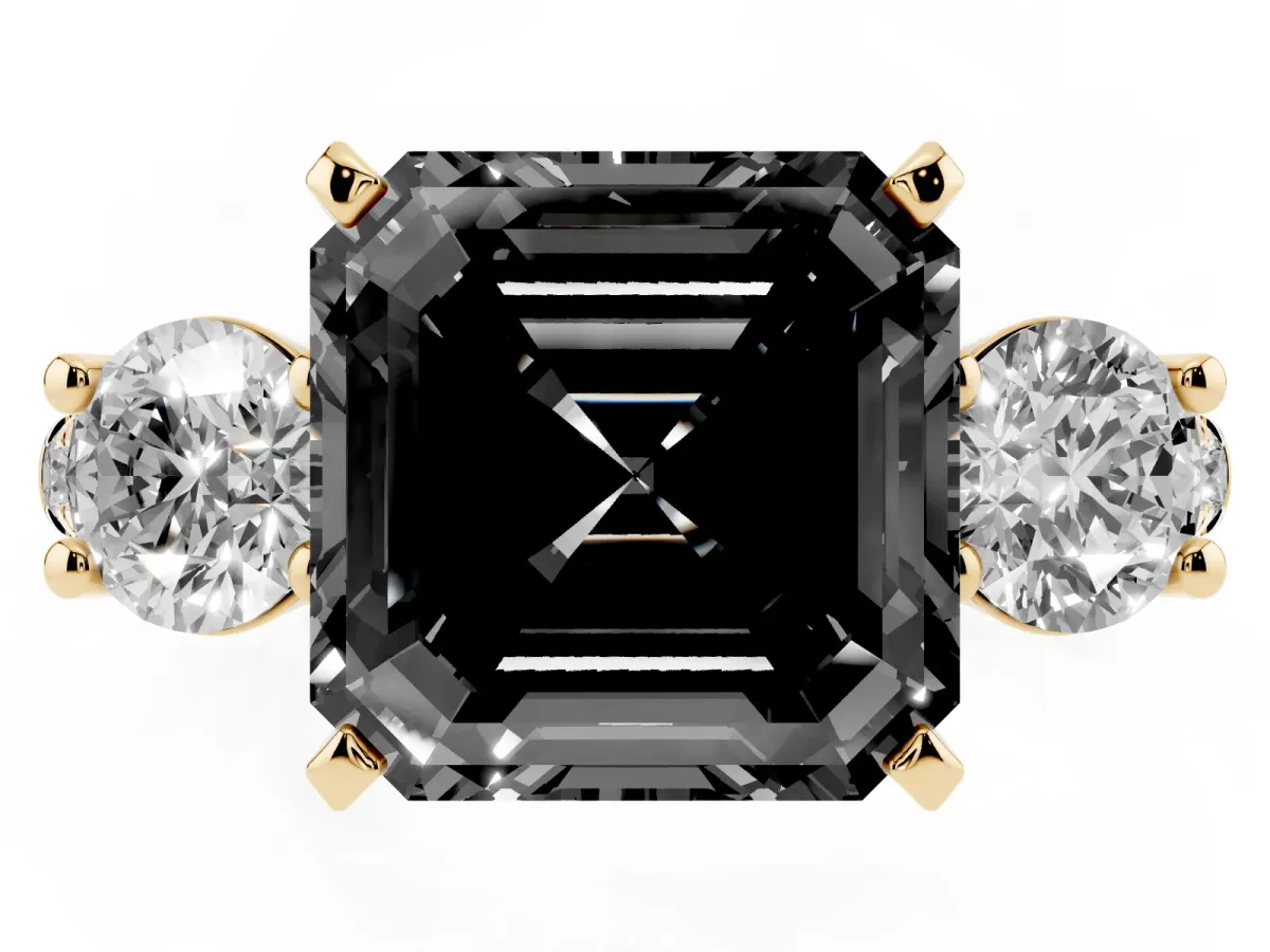 Fancy Black Three-Stone Asscher Cut Diamond Pavé Band with Four-Prong Setting Yellow gold