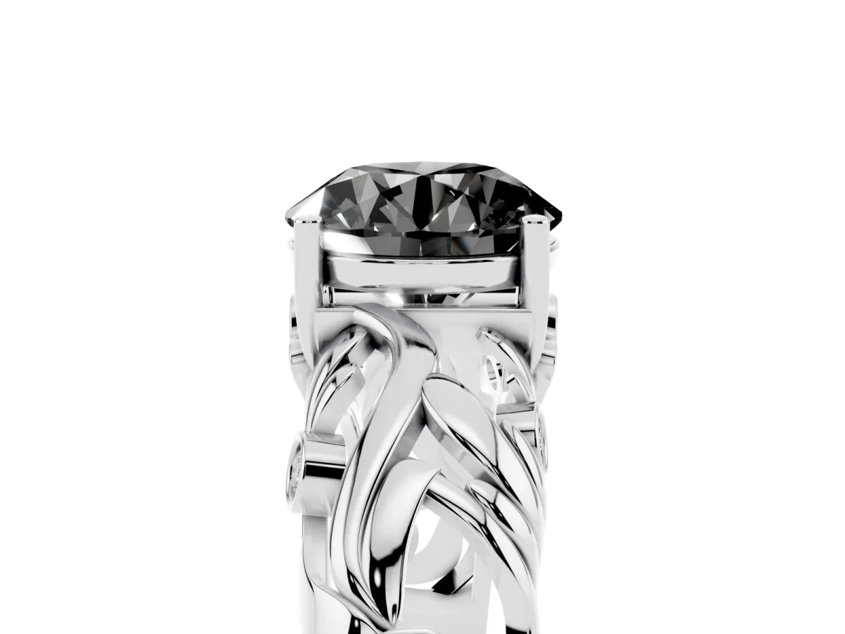 Fancy Black Round Cut Solitaire Diamond Leaf-Inspired Vine Band Ring with Prong Setting Platinum