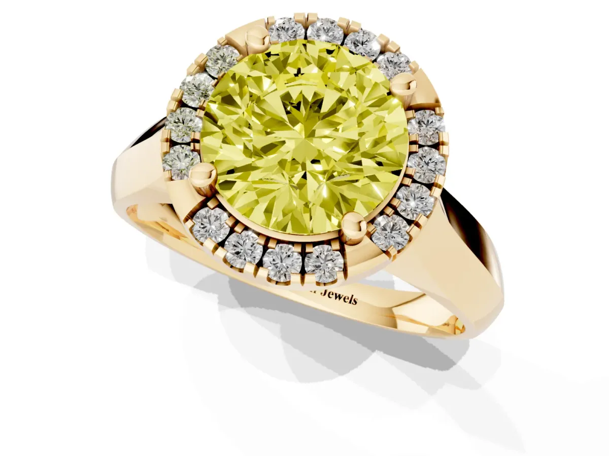 Fancy Yellow Round Cut Cut Halo Solitaire Engagement Ring with Square Band and Four-Prong Setting Yellow gold