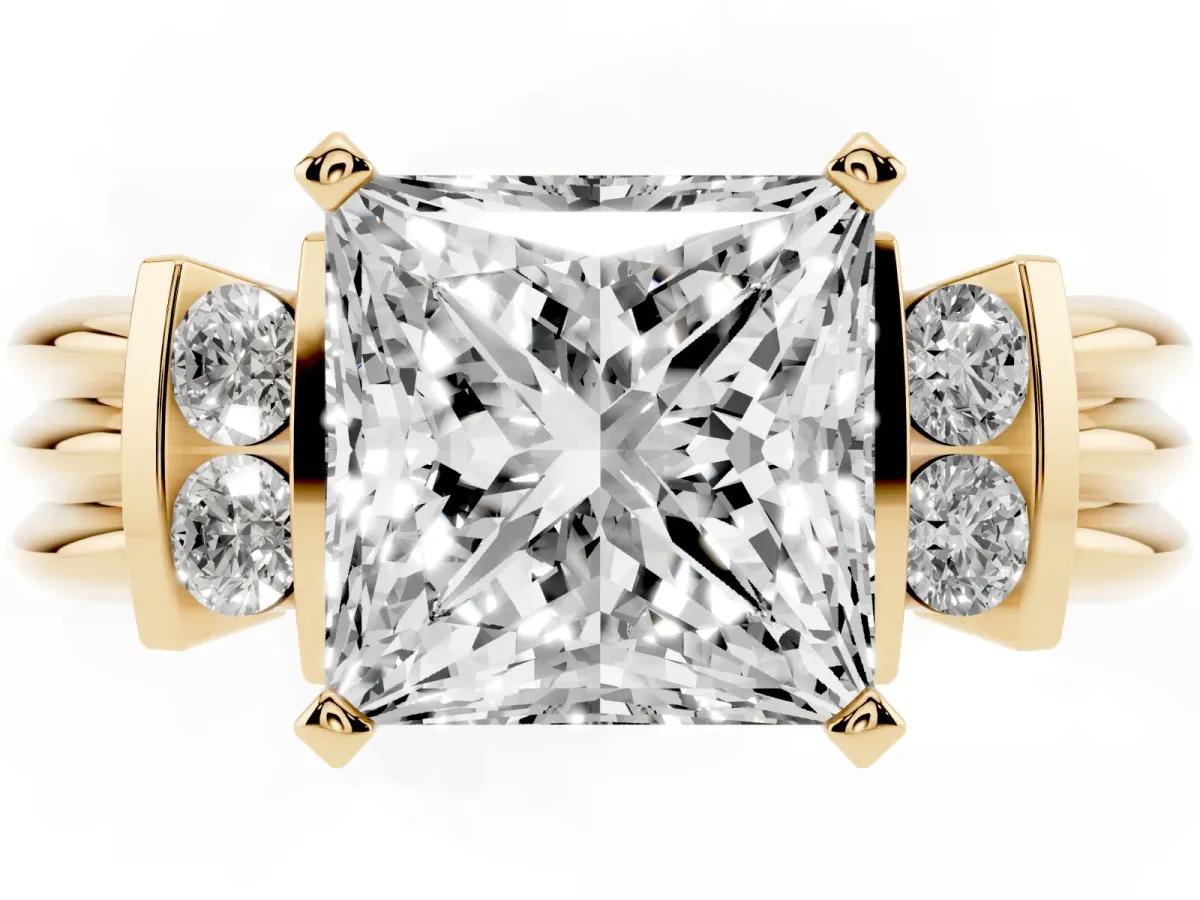 Princess Cut Cut Three-Stone Channel Set Ring with Bar Prongs Yellow gold