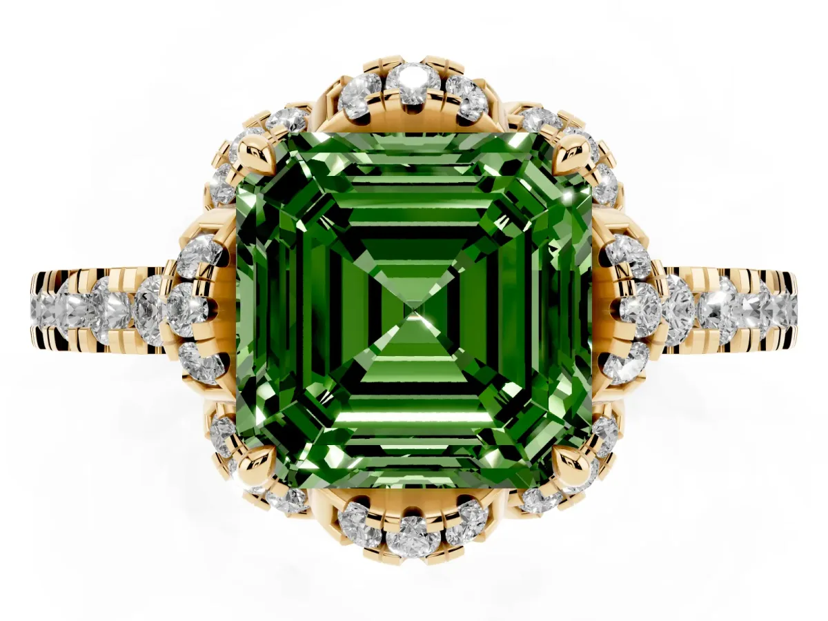Fancy Green Asscher Cut Halo Diamond Pave Band Ring with Four-Prong Setting Yellow gold