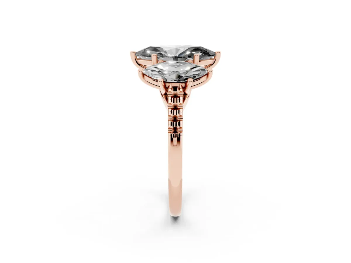 Fancy Black Three-Stone Marquise Cut Diamond Ring with Round Pavé Band and Prong Setting Rose gold