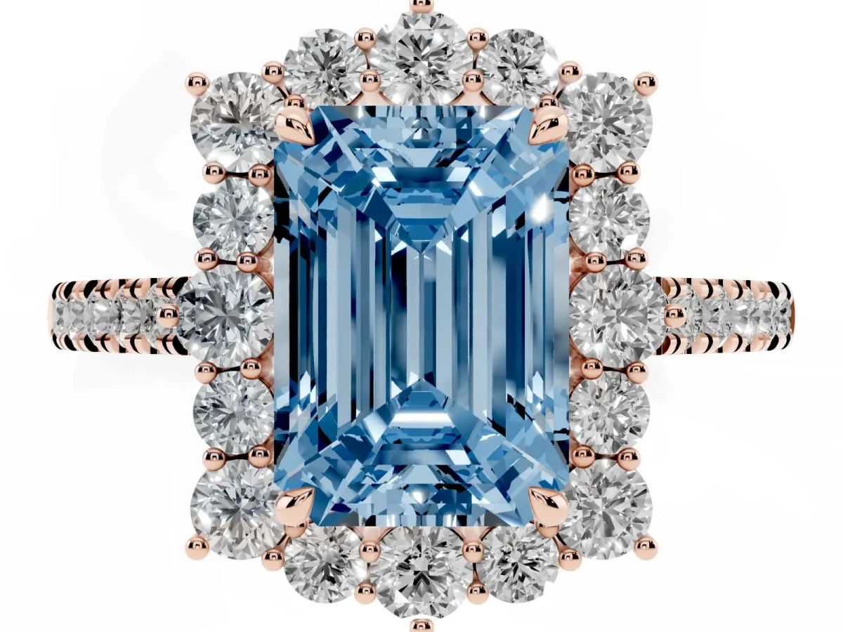 Fancy Blue Emerald Cut Halo Diamond Ring with Pavé Band and Prong Setting Rose gold