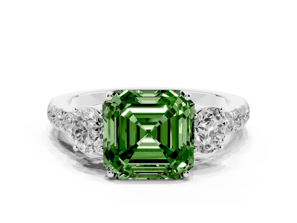 Fancy Green Asscher Cut Cut Diamond Three-Stone Ring with Round Side Stones and Pavé Band Platinum