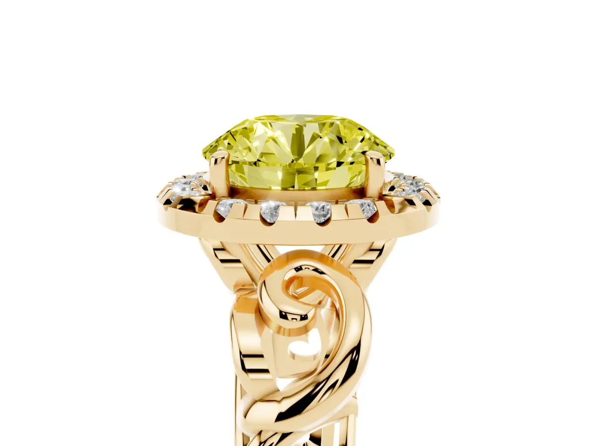 Fancy Yellow Round Cut Cut Halo Diamond Ring with Scrollwork Band and Four-Prong Setting Yellow gold