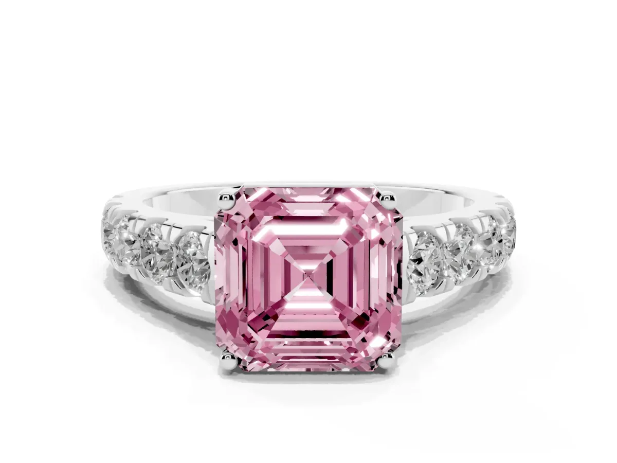 Fancy Pink Asscher Cut Cut Diamond Solitaire Ring with Micro Pave Band and Prong Setting Silver