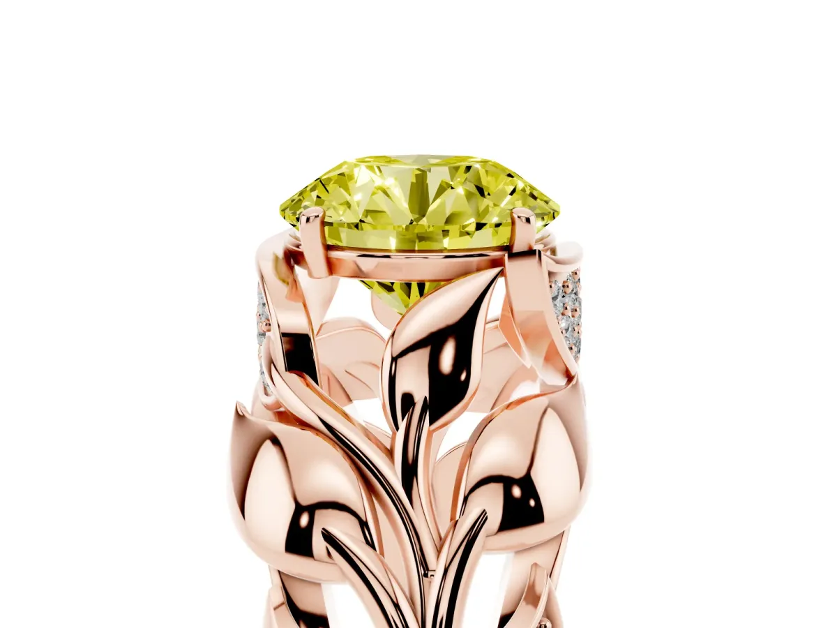 Fancy Yellow Round Cut Diamond Leaf-Inspired Engagement Ring with Round Accents and Prong Setting Rose gold