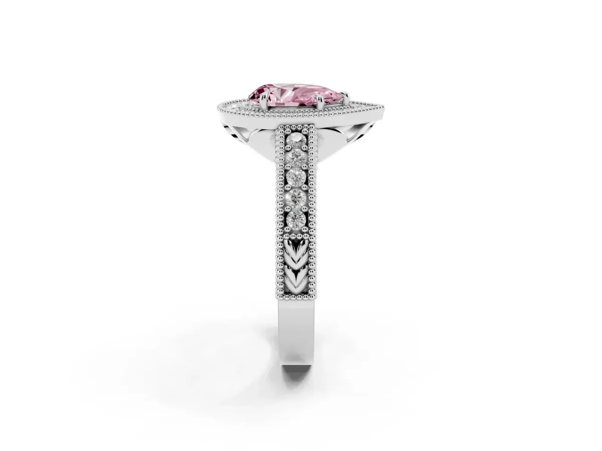 Fancy Pink Pear Cut Cut Halo Diamond Ring with Pavé Band and Four-Prong Setting Silver