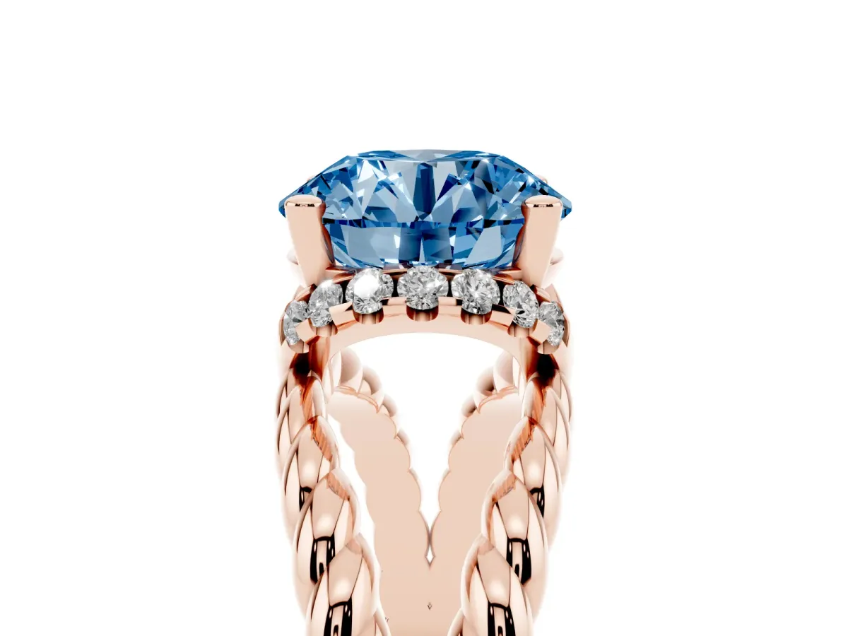 Fancy Blue Round Cut Halo Twisted Band Four-Prong Ring Rose gold