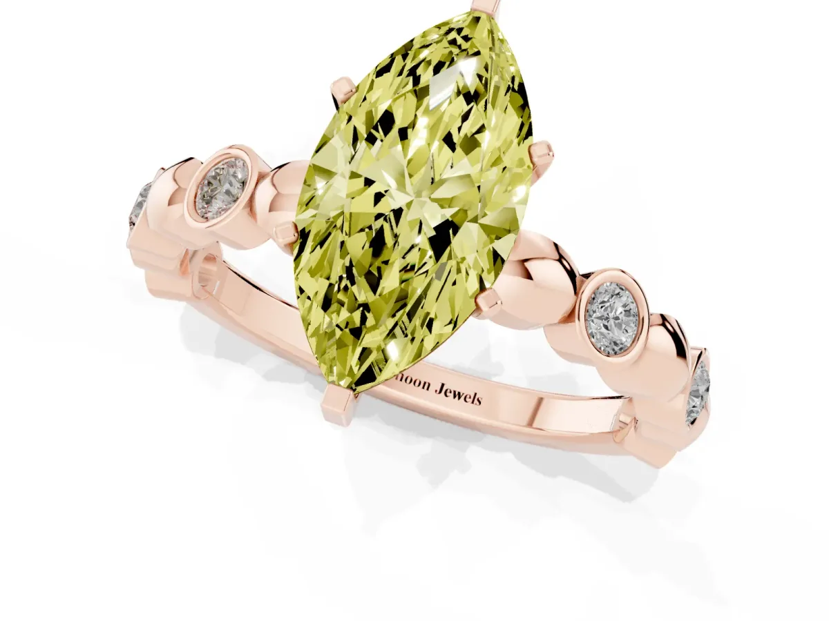 Fancy Yellow Marquise Cut Solitaire Bezel-Set Diamond Ring with Beaded Band and Four-Prong Setting Rose gold