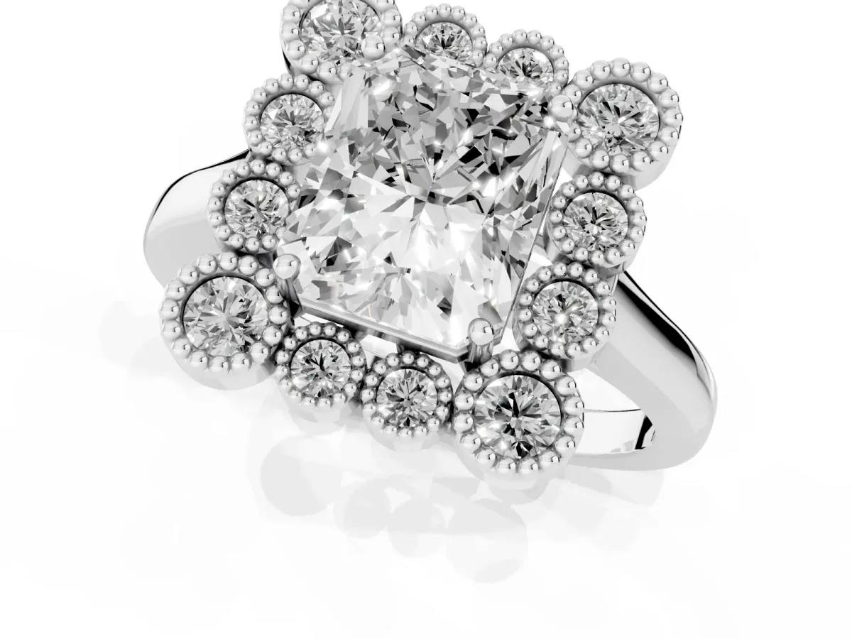 Radiant Cut Halo Diamond Cluster Engagement Ring with Milgrain Bezel Setting and Solitaire Band Silver
