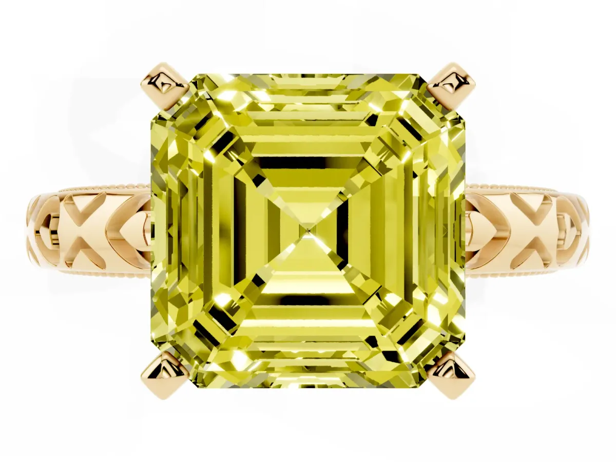 Fancy Yellow Asscher Cut Solitaire Diamond Engagement Ring with XO Engraved Band and Four-Prong Setting Yellow gold