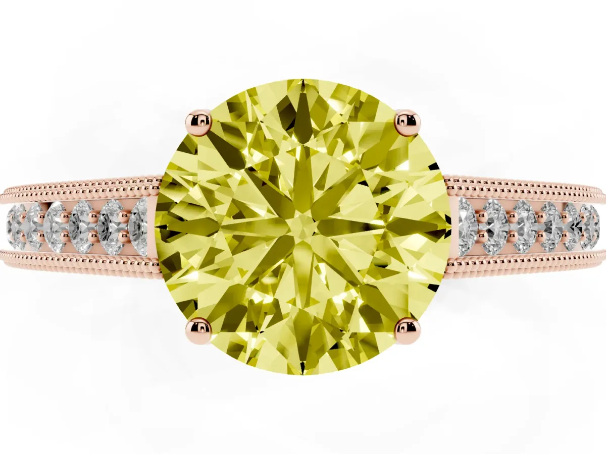 Fancy Yellow Round Cut Cut Pave Band Milgrain Solitaire Ring Rose gold