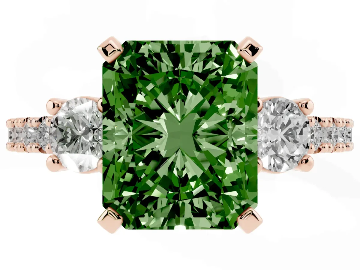 Fancy Green Radiant Cut Three-Stone Diamond Pavé Band with Prong Setting Rose gold
