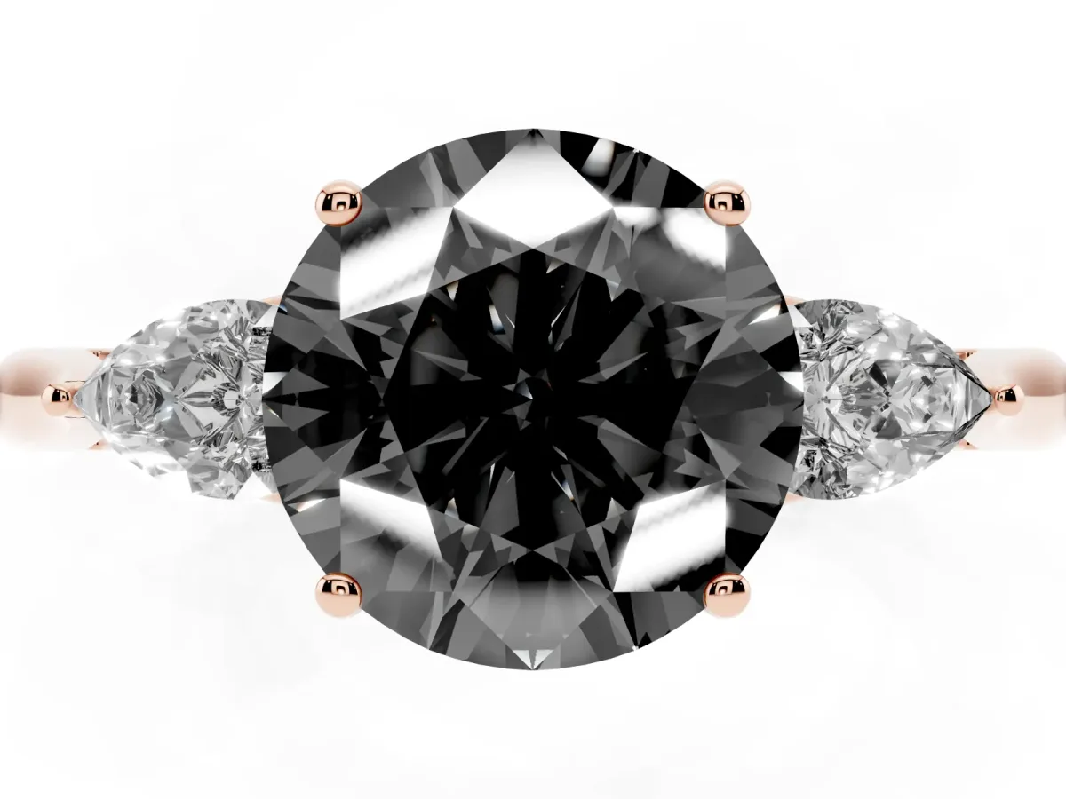 Fancy Black Round Cut Diamond Three-Stone Ring with Pear Side Stones and Prong Setting Rose gold