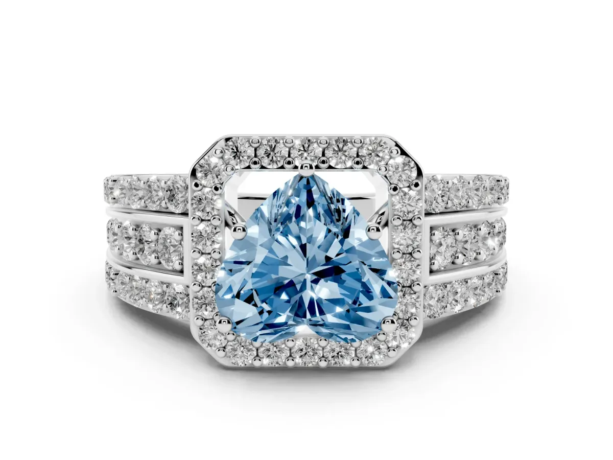 Fancy Blue Heart Cut Halo Diamond Ring with Round Split Shank and Prong Setting Silver