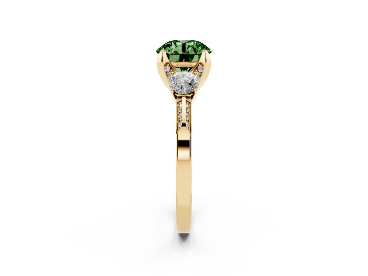 Fancy Green Round Cut Brilliant Three-Stone Diamond Ring with Pavé Band and Four-Prong Setting Yellow gold