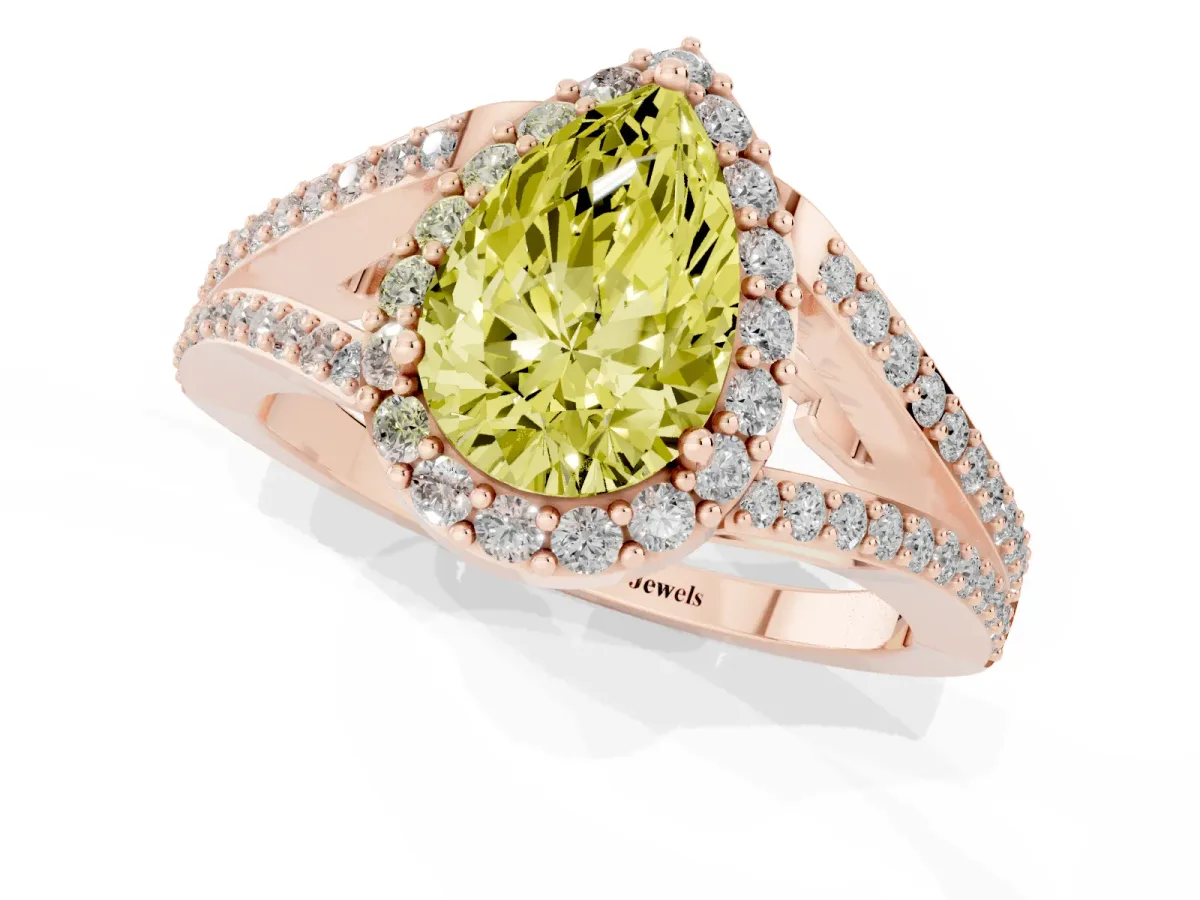 Fancy Yellow Pear Cut Halo Split Shank Diamond Ring with Prong Setting Rose gold
