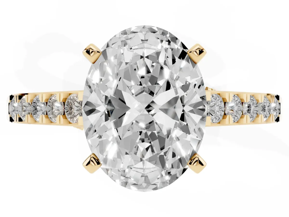Oval Cut Diamond Solitaire Ring with Crossover Gallery and Round Pavé Band Yellow gold