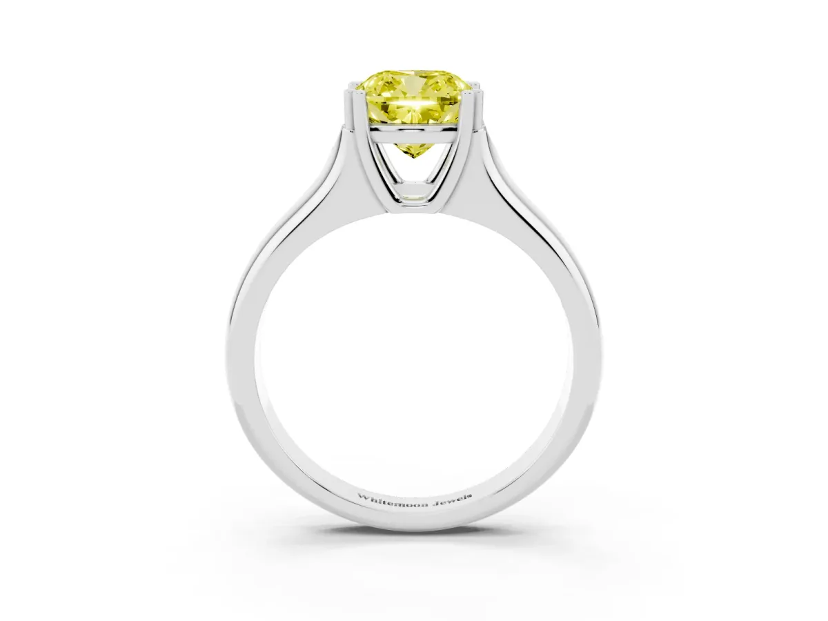 Fancy Yellow Cushion Cut Diamond Solitaire Ring with Wide Band and Prong Setting Silver