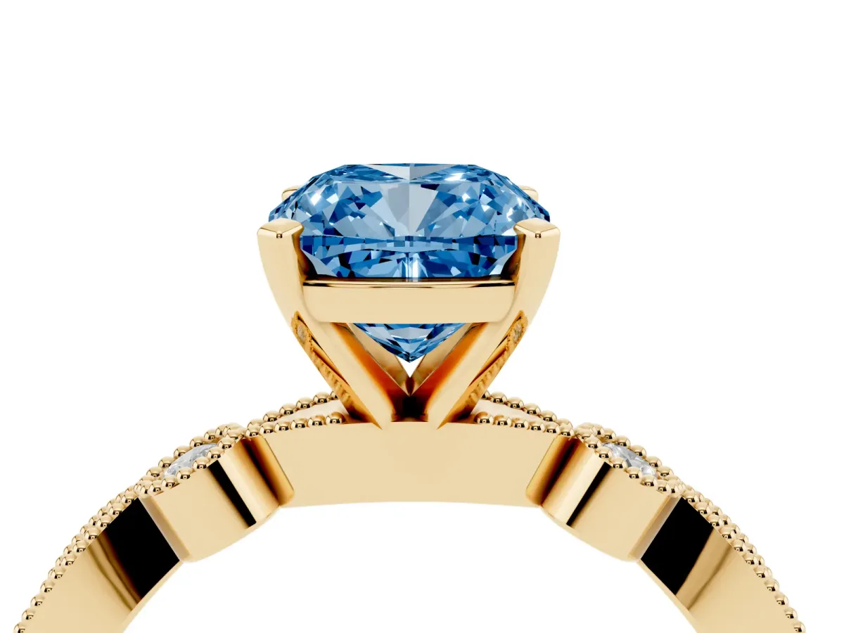 Fancy Blue Cushion Cut Milgrain Bezel Diamond Engagement Ring with Solitaire Prong Setting Yellow gold
