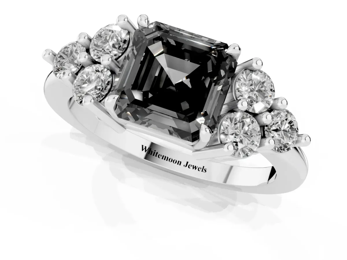 Fancy Black Asscher Cut Brilliant Diamond Cluster Accent Solitaire Ring with Prong Setting Platinum