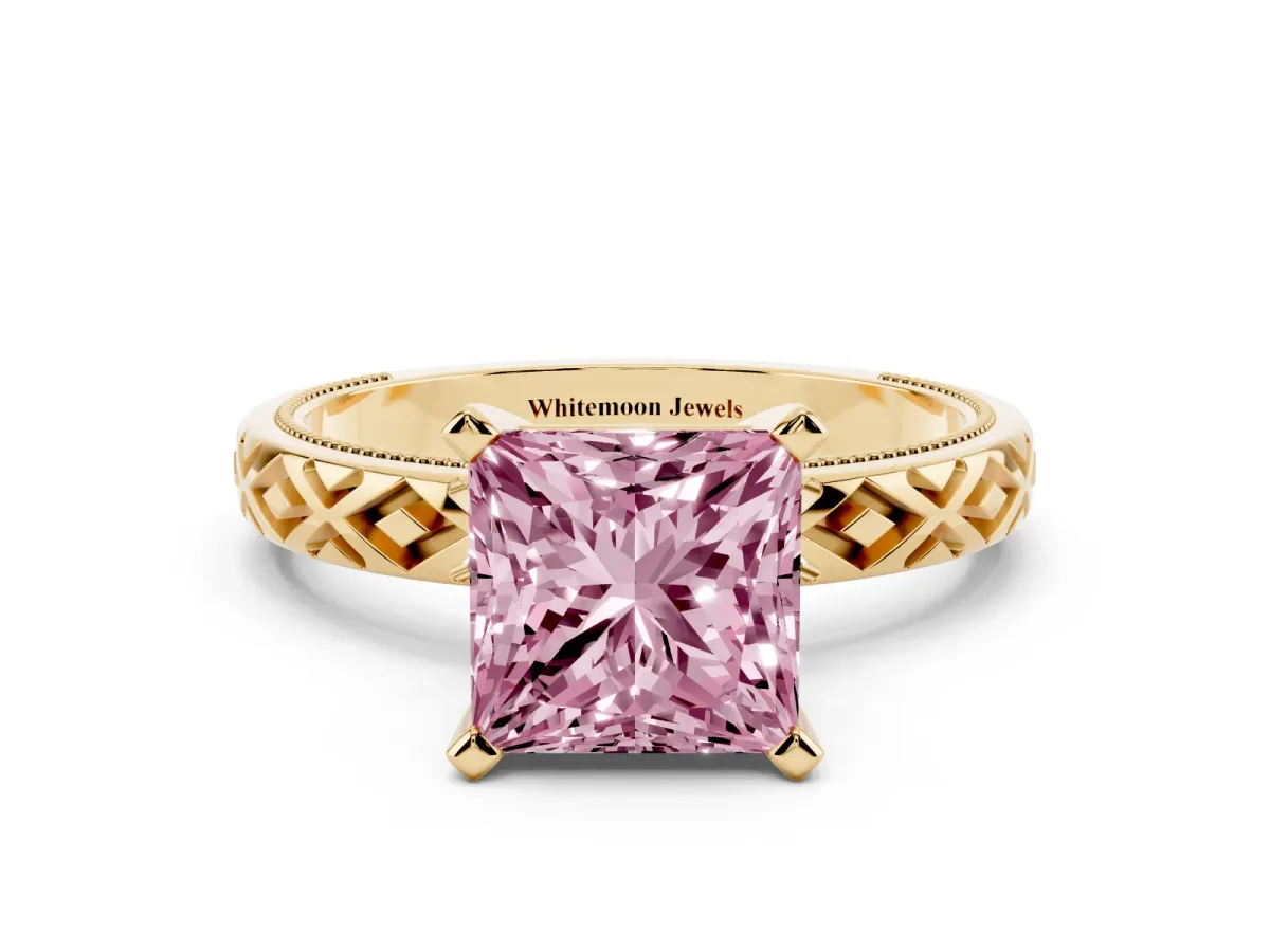 Fancy Pink Princess Cut Solitaire Diamond Ring with Milgrain and Black Enamel X Pattern Band Yellow gold