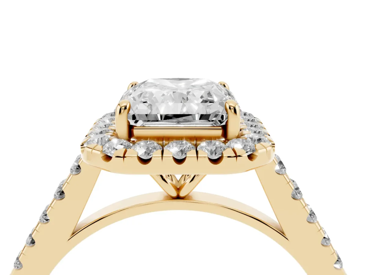 Radiant Cut Halo Pave Diamond Engagement Ring with Four-Prong Setting Yellow gold